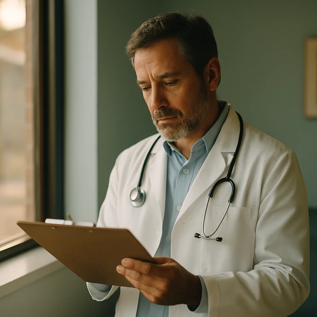Physician reviewing patient notes in warm clinical light