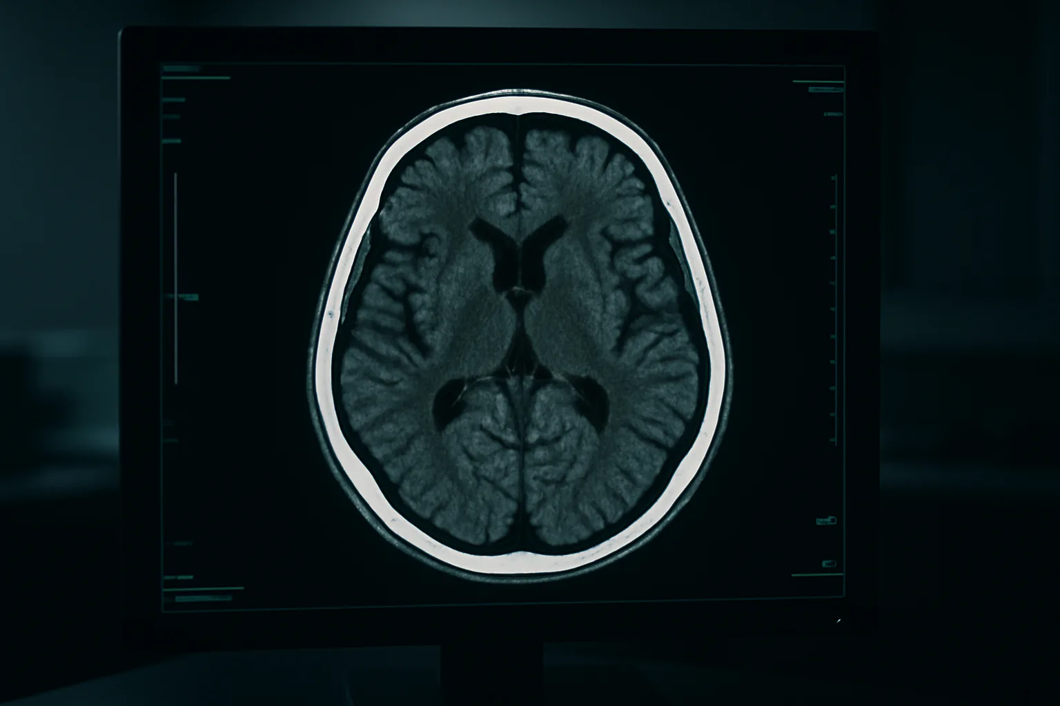 CT brain scan on radiology workstation