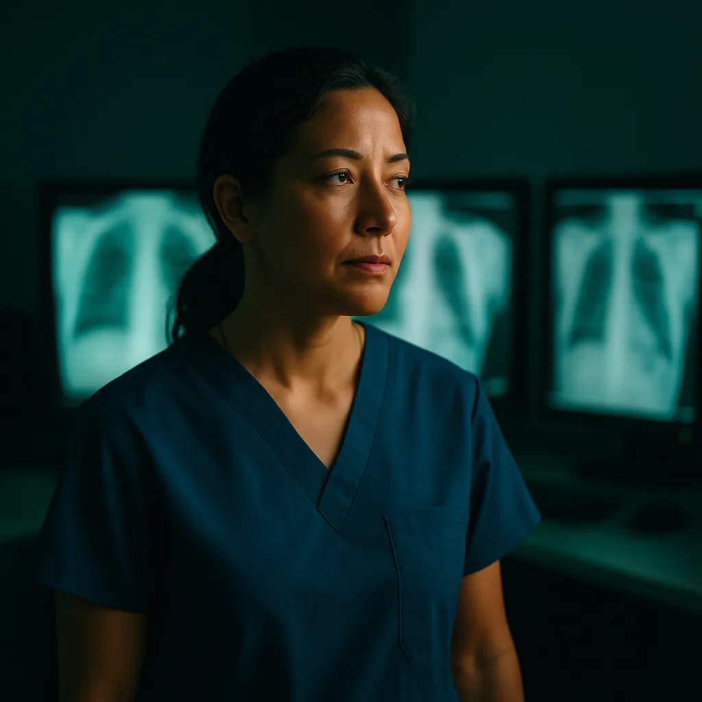 ER physician reviewing imaging at night