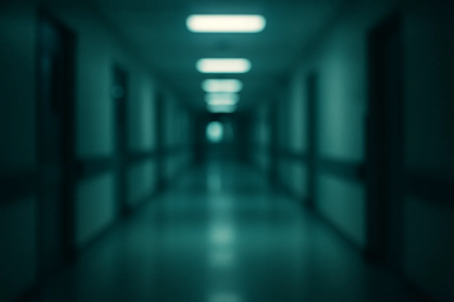 Abstract blurred hospital corridor at night with soft teal-toned ambient lighting, out-of-focus fluorescent glow, cinema