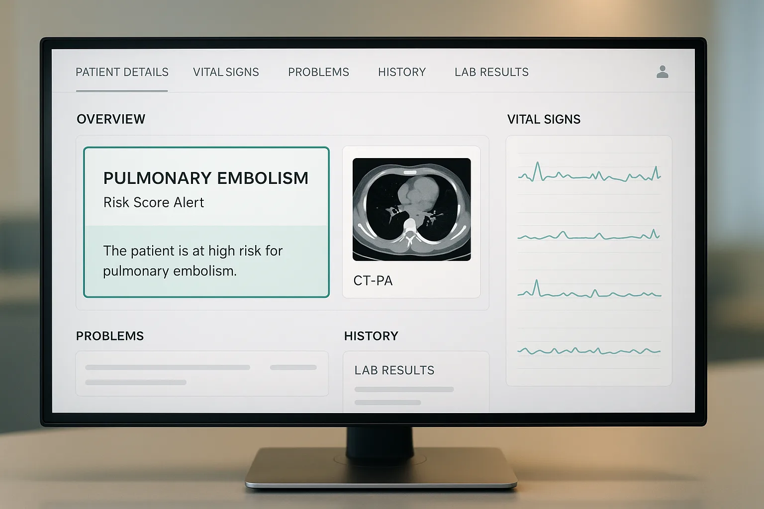 EMR dashboard with pulmonary embolism risk alert